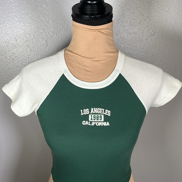 1989 LA Graphic ringer Baby Tee Crop Top Green White S collegiate sporty casual - Picture 8 of 11